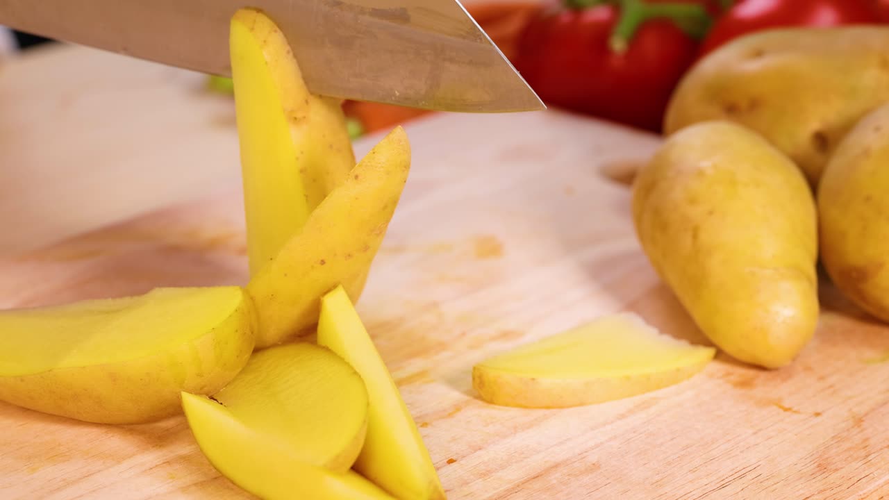 cortar patatas con un cuchillo en una tabla