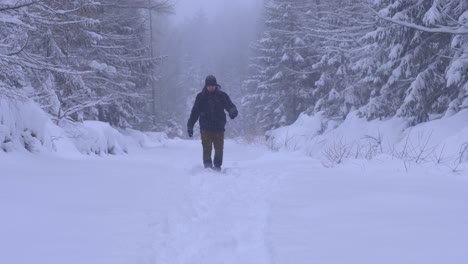 man walking in the forest through heavy snow on a beautiful winter day