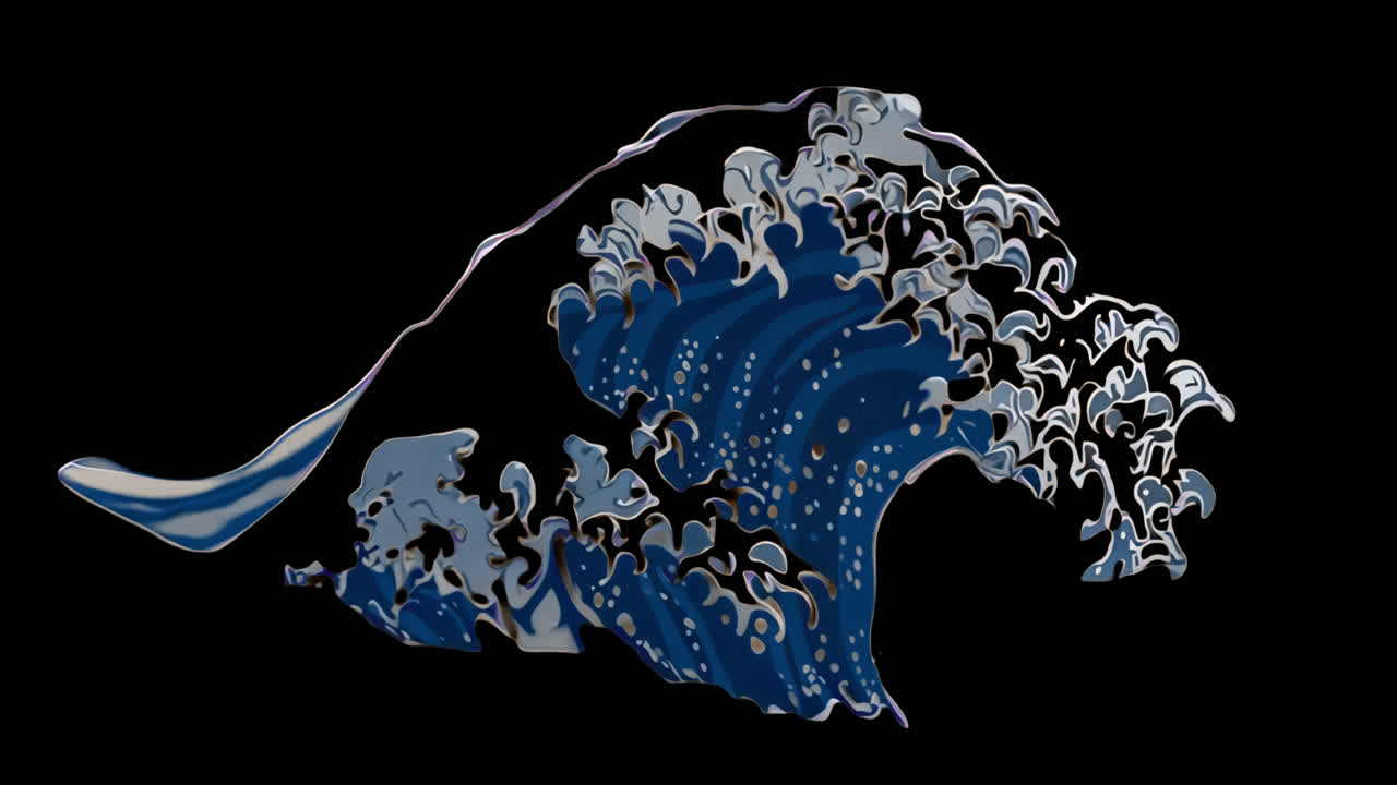 Animazione di arte astratta di onde oceaniche ispirata a Hokusai, risorsa isolata, video 4K trasparente, alfa