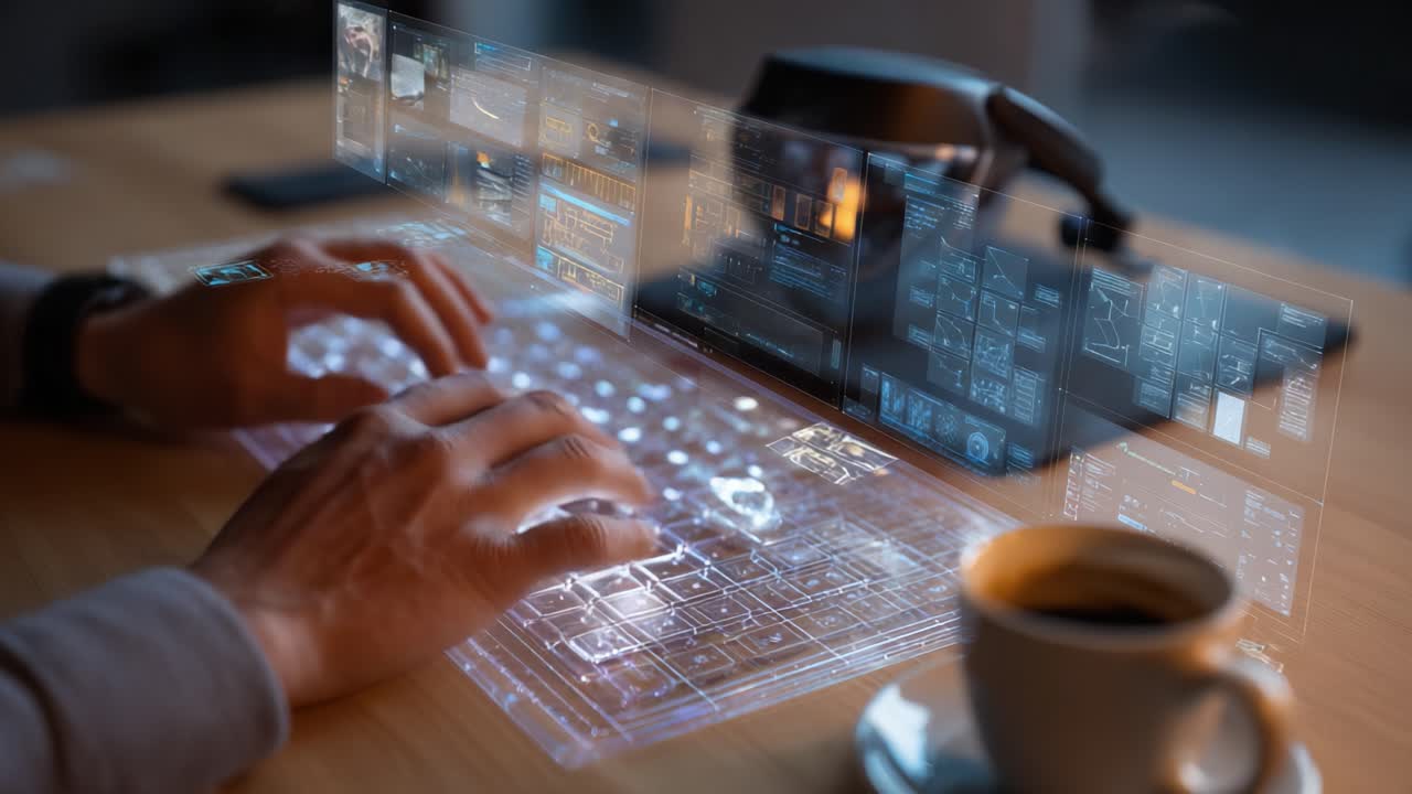 Futuristic Hands Typing on a Holographic Keyboard Surrounded by Advanced Digital Interfaces and Data Displays, Representing Cutting-Edge Technology and Innovative User Interaction in a Contemporary Workspace