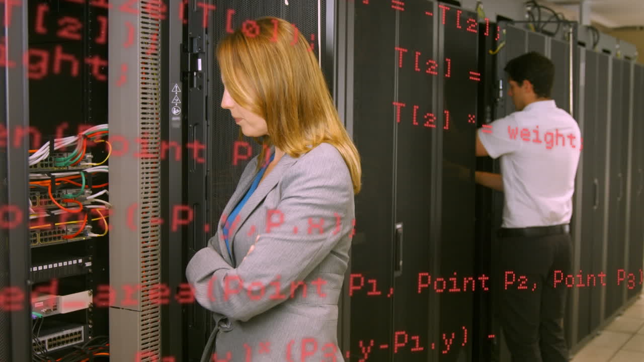 Animation of data processing over diverse people in server room