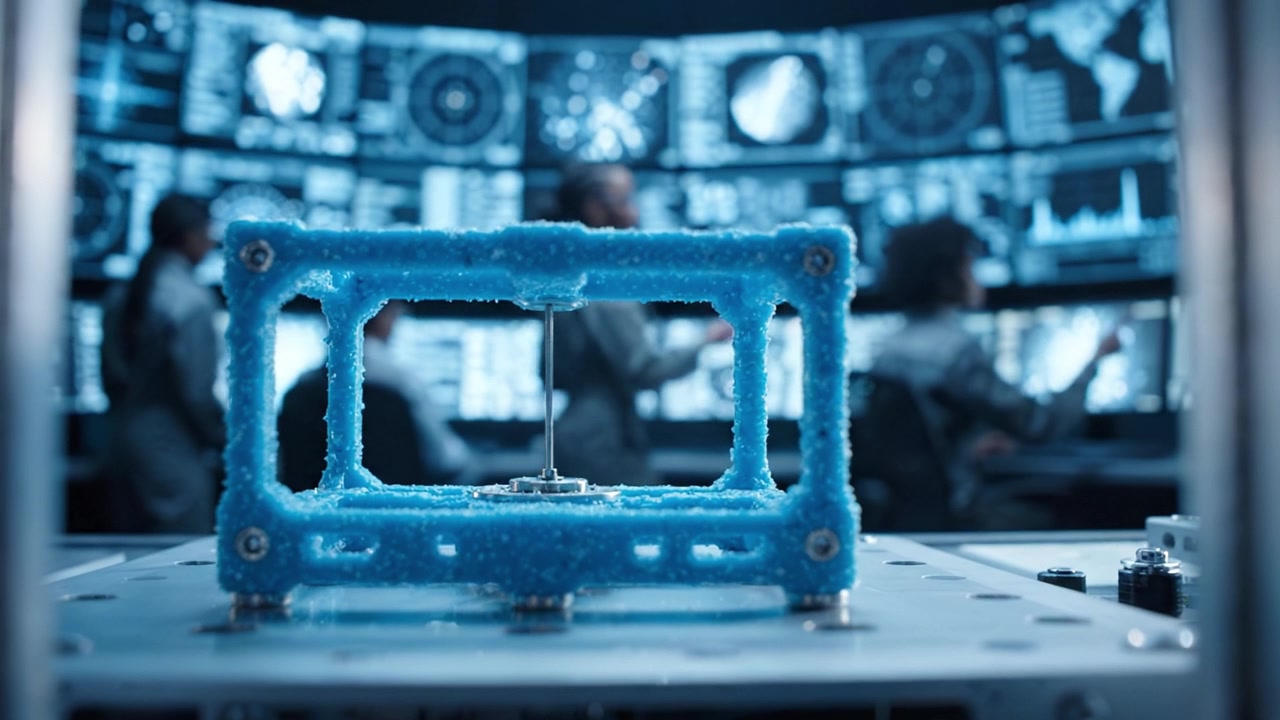 Futuristic Control Room with Advanced Displays and a Central Blue Device Highlighted on the Table in a High-Tech Environment of Data Monitoring and Analysis