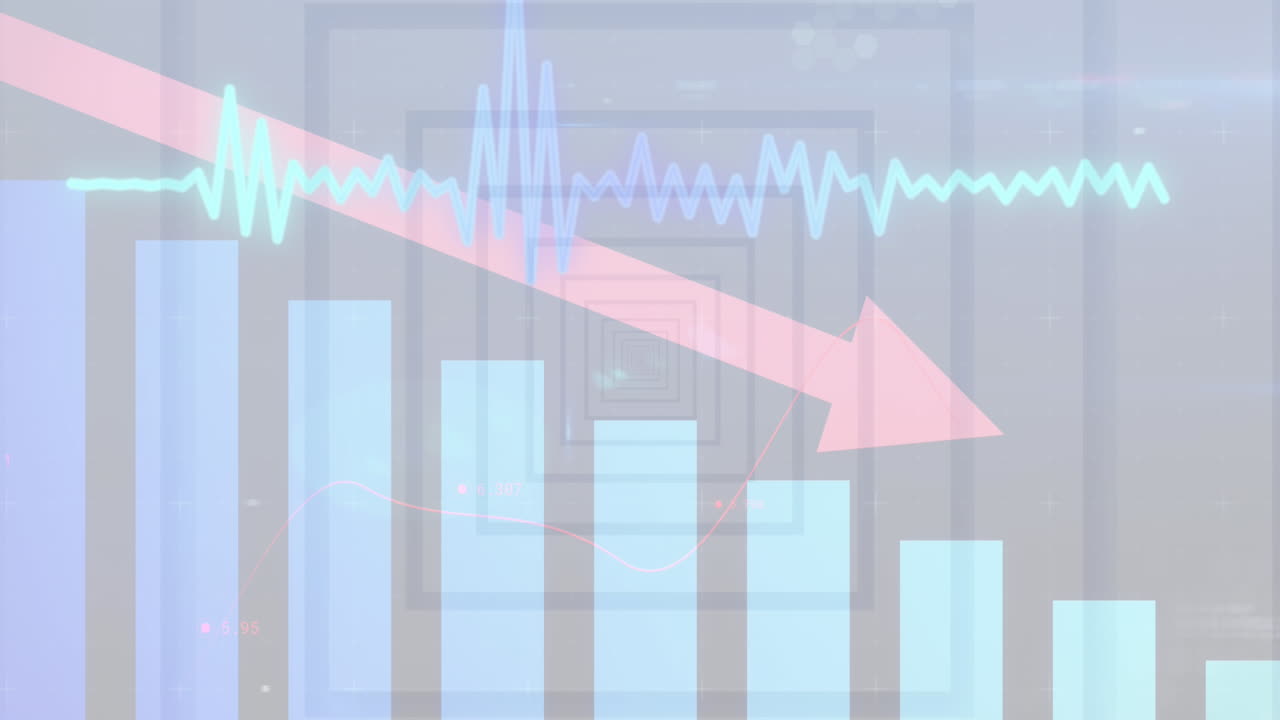 정사각형 패턴을 가진 뉴모르픽 색 배경에 대한 통계 데이터 처리의 애니메이션