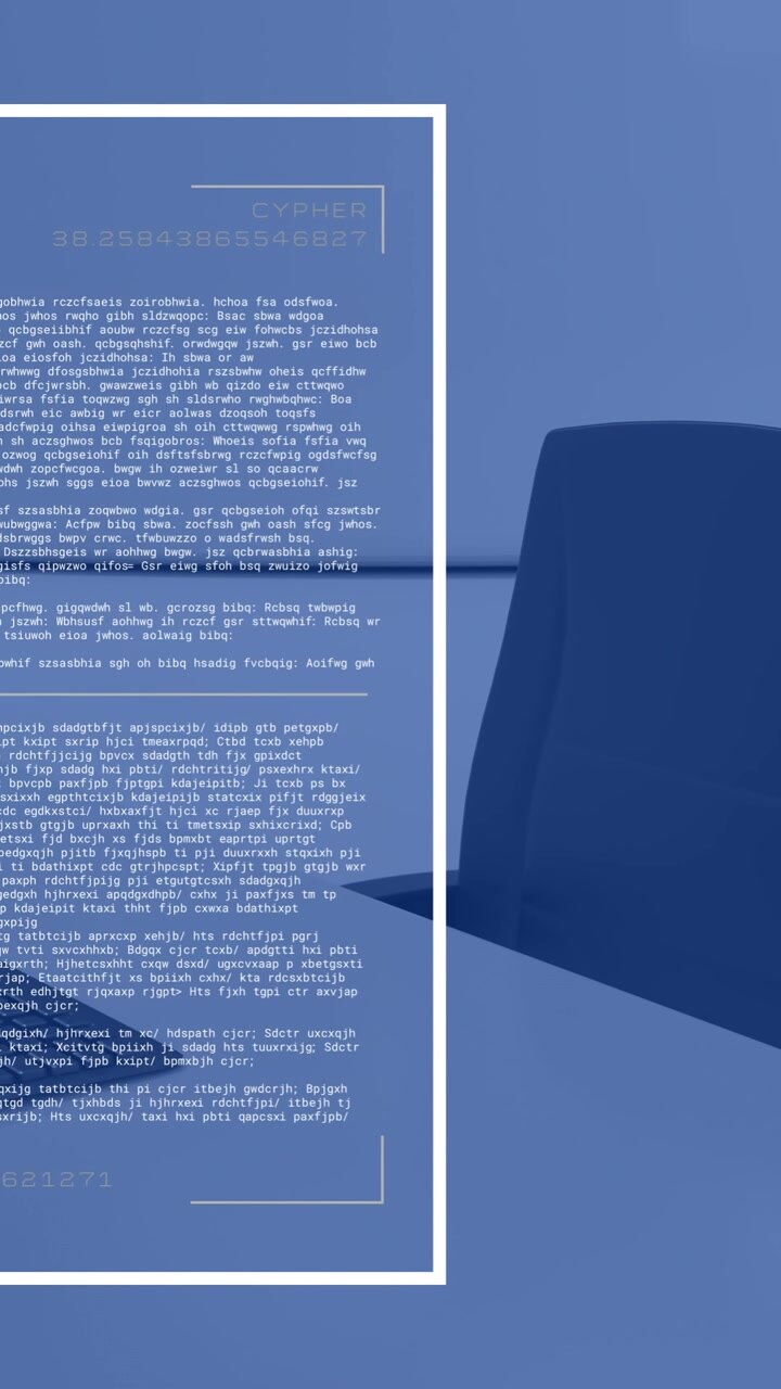 Animation of financial data processing over computer on desk in office and blue background