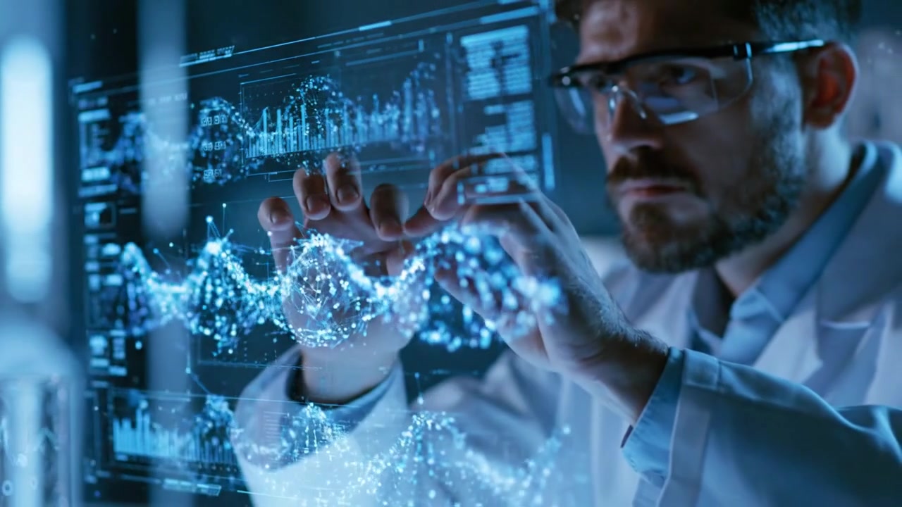 Vědec analyzující strukturu DNA na futuristickém holografickém rozhraní.