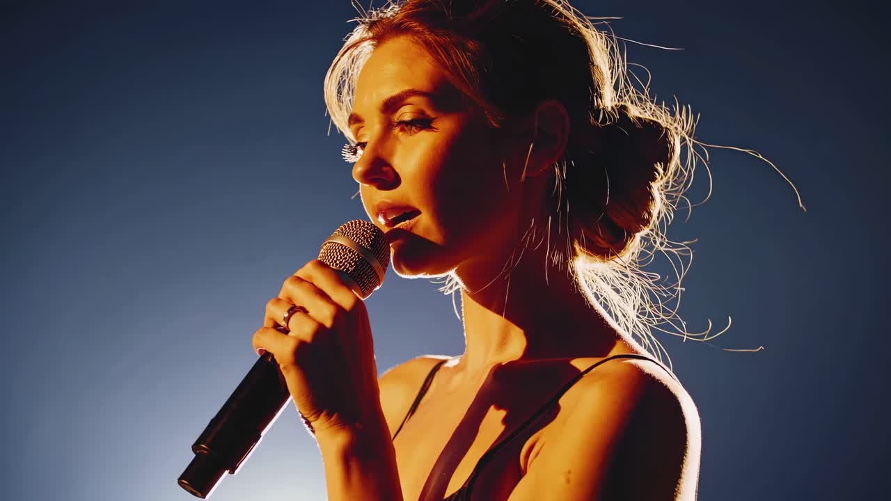Side profile of a woman singing into a microphone, backlit for dramatic effect