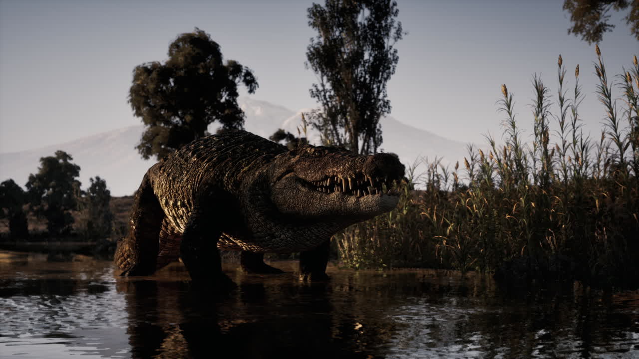 Crocodile emerges from water in a lush riverside location at dusk