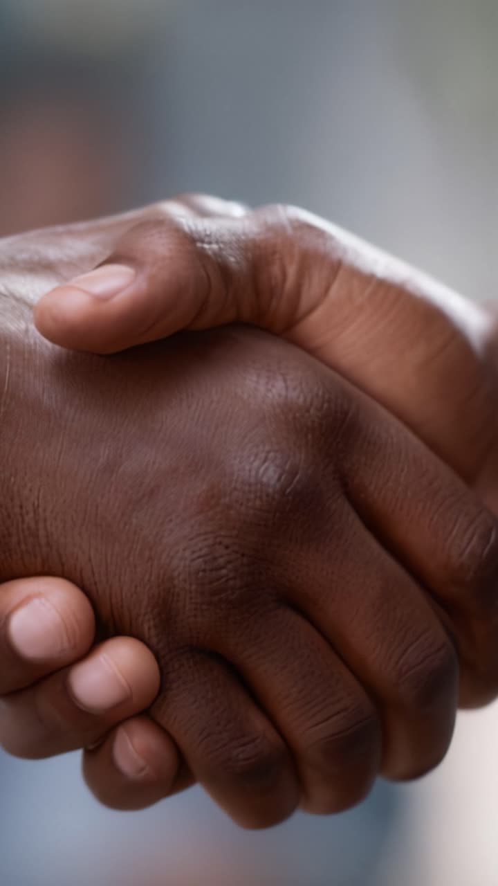 A Powerful Moment of Unity: Two Hands Gripping Firmly in a Symbolic Gesture of Connection, Trust, and Collaboration Amidst a Soft Blurred Background