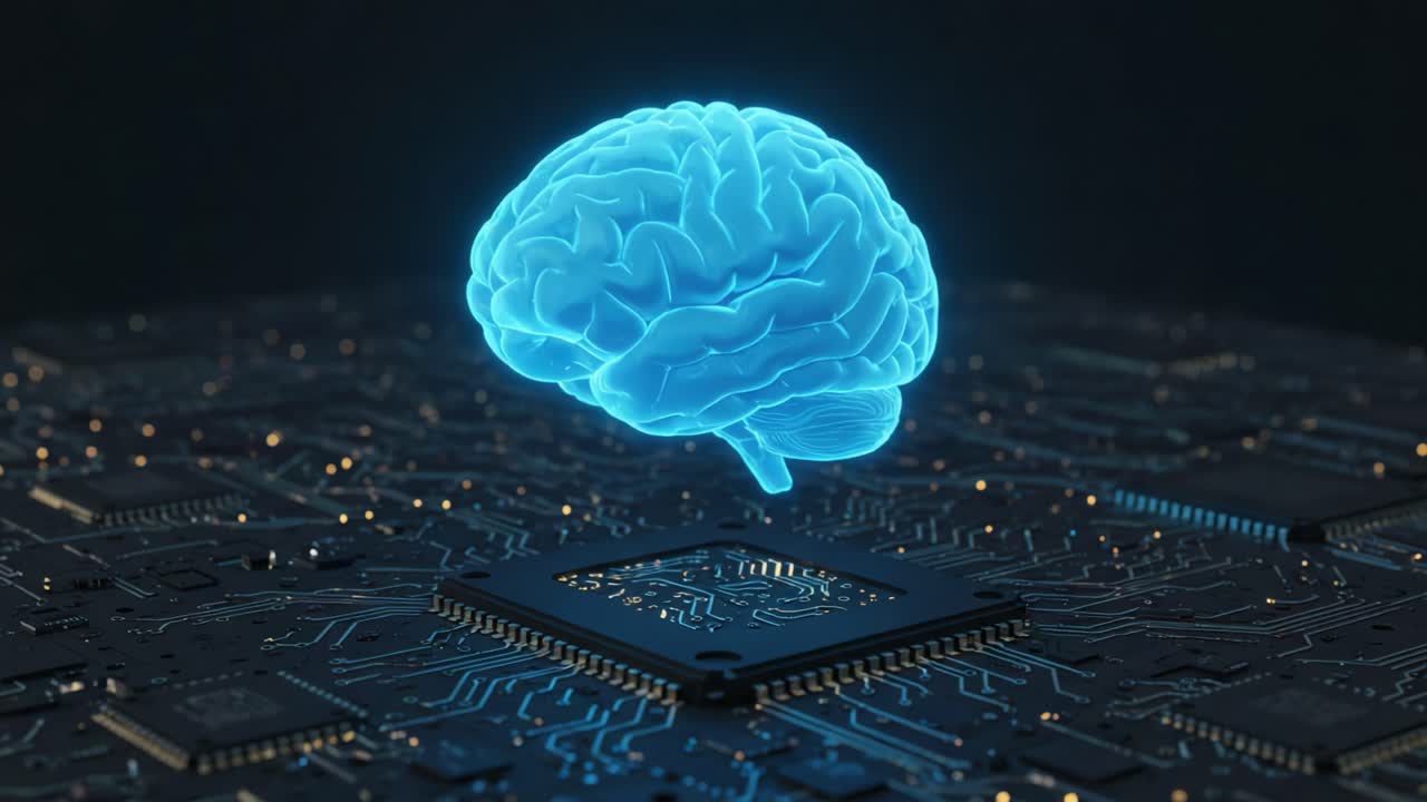 A Futuristic Concept of the Human Brain Represented as a Glowing Hologram Above a Circuit Board, Symbolizing the Intersection of Neuroscience and Technology