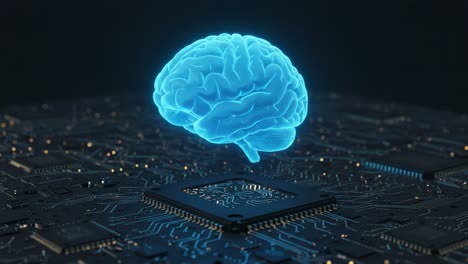 a futuristic concept of the human brain represented as a glowing hologram above a circuit board, symbolizing the intersection of neuroscience and technology