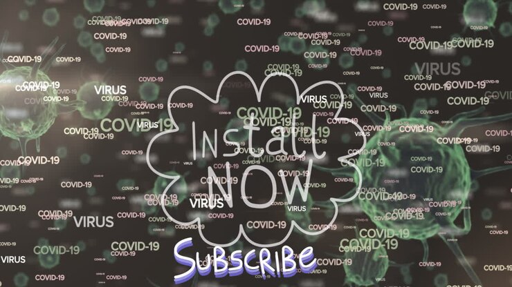 Testo "Installa ora e iscriviti" su più testi COVID-19 e cellule COVID-19 che fluttuano