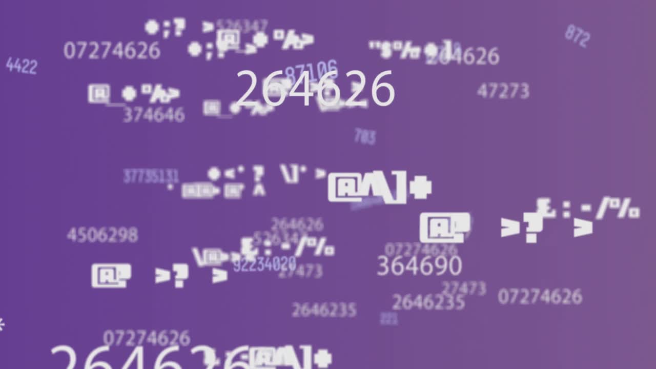 animación digital de múltiples números y símbolos cambiantes flotando contra un fondo púrpura