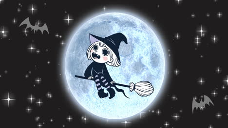 animación de la bruja sobre la luna y el cielo nocturno