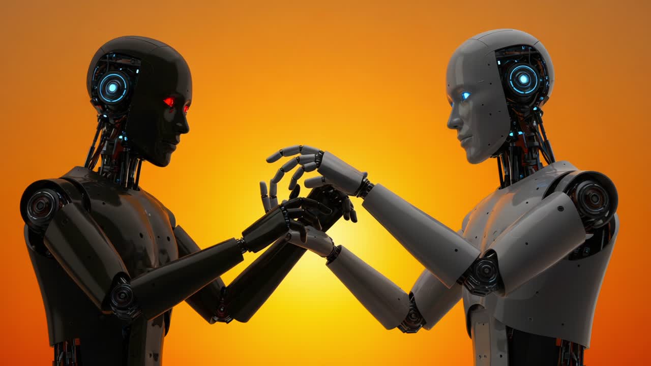 A poignant encounter between two humanoid robots with contrasting colors, poised in a moment of connection and understanding against a vibrant sunset backdrop, reflecting the merging of technology and emotion
