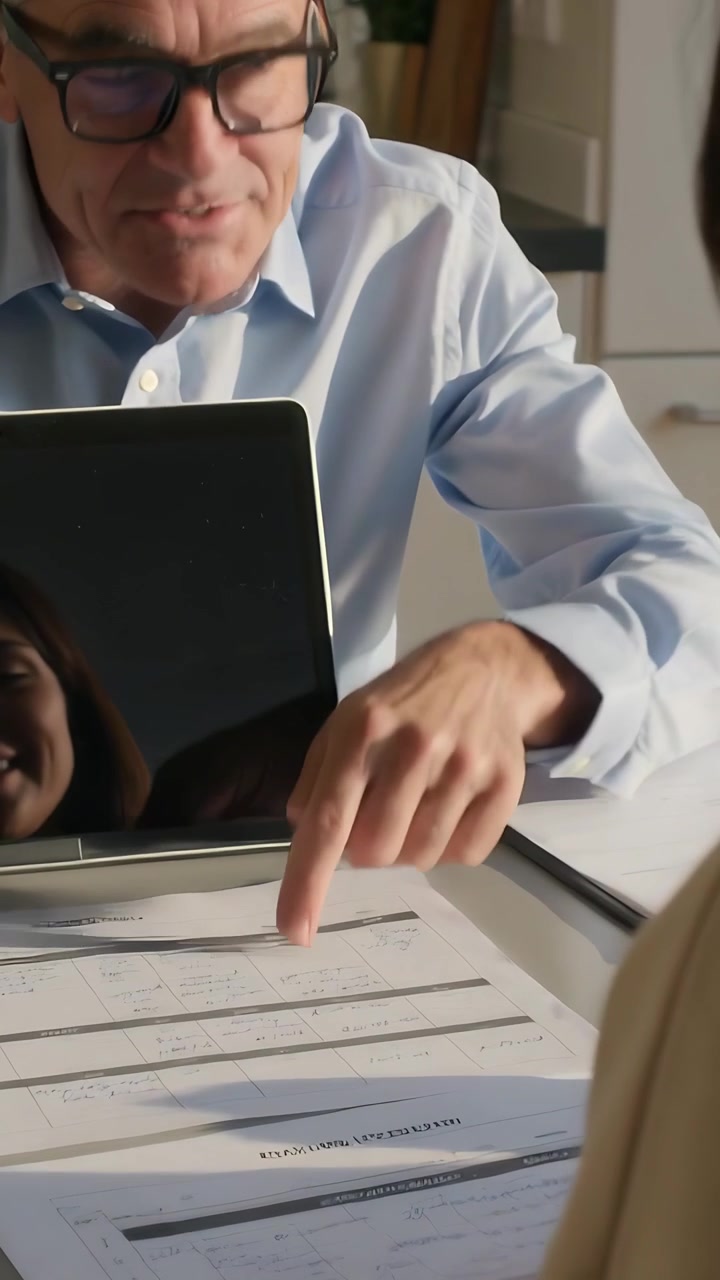 Video verticale: Consulente in camicia blu che regola il tablet e indica dei moduli in cucina, spiegando.