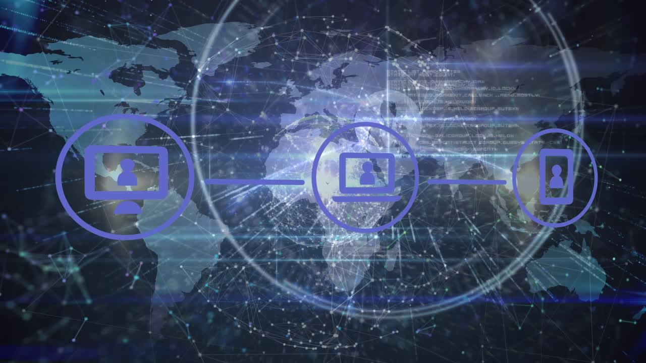 animación de la red de conexiones con iconos y globo sobre fondo negro