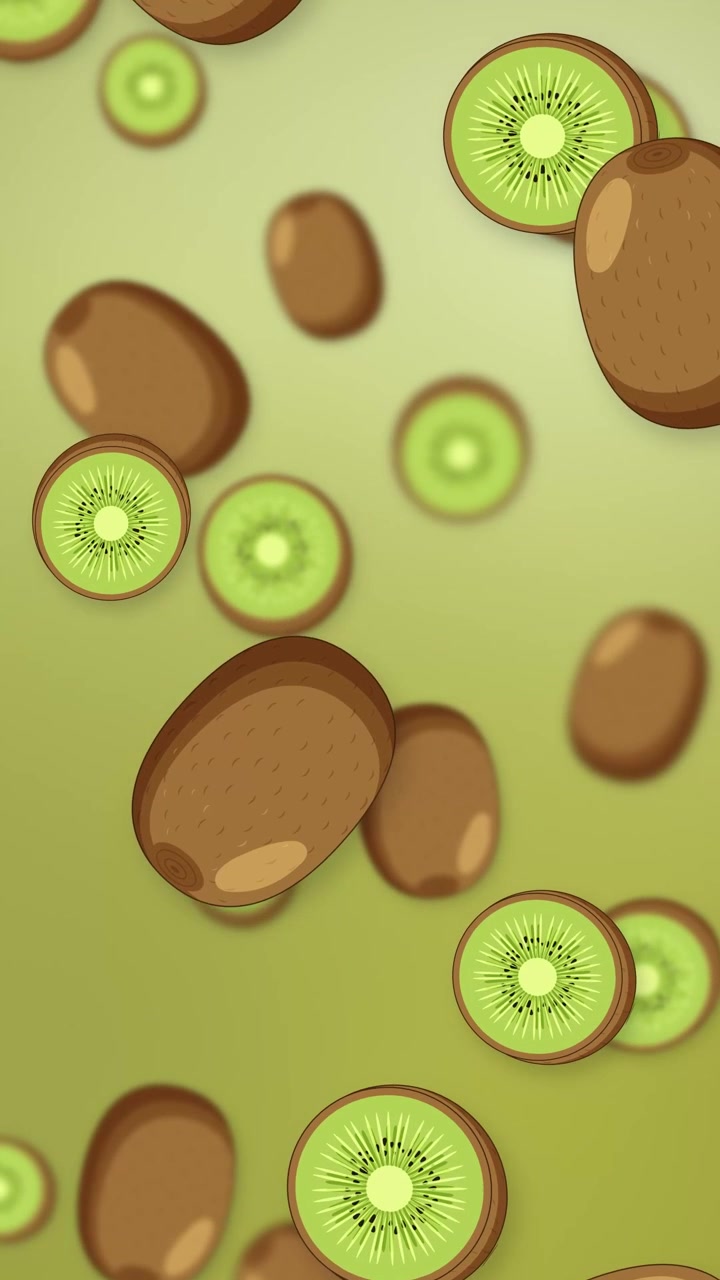 Kiwi stilizzati interi e a fette cadono continuamente su uno sfondo sfumato verde tenue.