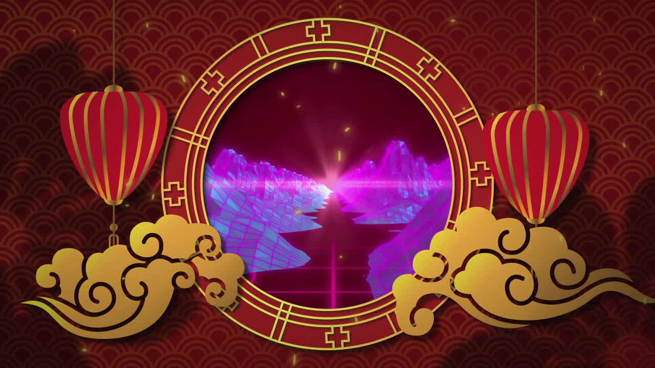 animación de lámparas rojas y doradas sobre el paisaje digital