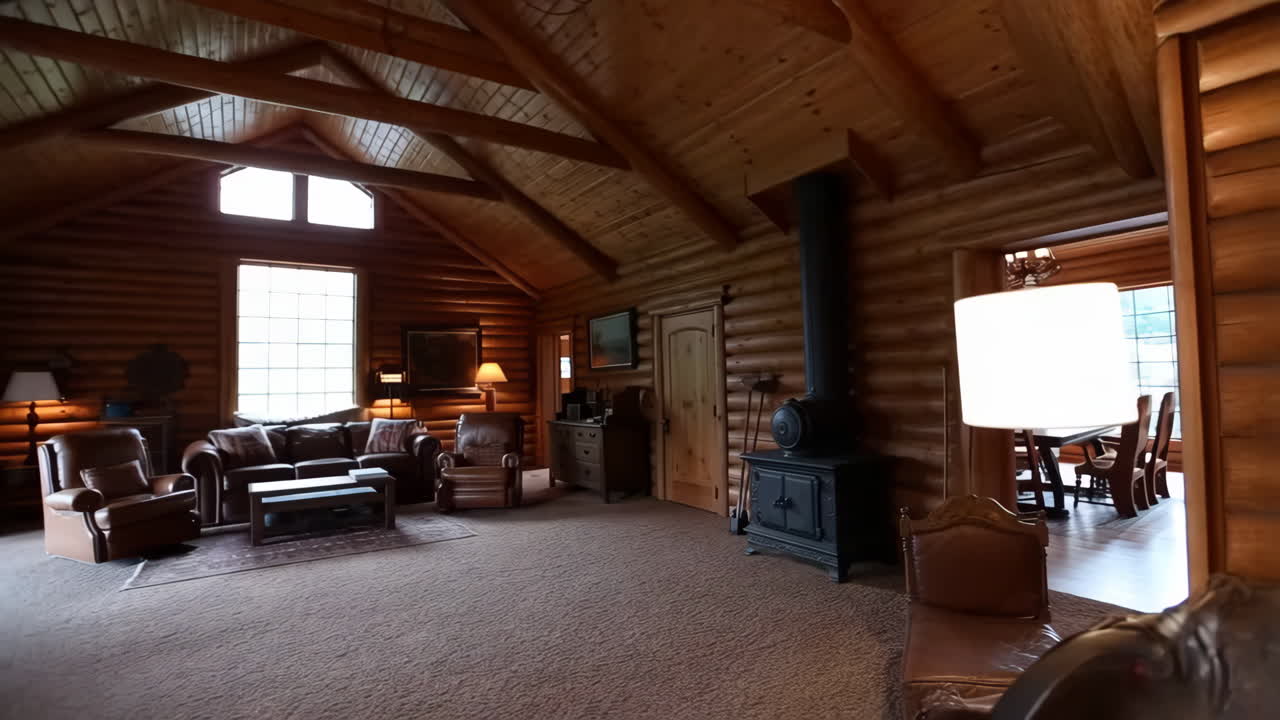 Spacious and Cozy Log Cabin Living Room with Rustic Decor and Wood Stove