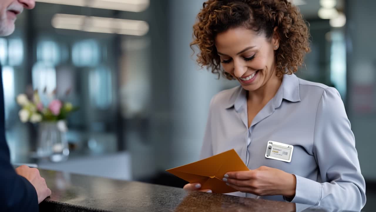 A Friendly Receptionist Handing Over a Yellow Envelope and Smiling, Capturing the Warmth of Customer Interaction in a Professional Environment
