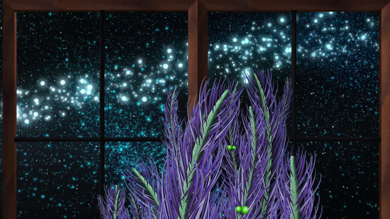 animación de ramas de abeto sobre la nieve que cae vista a través de la ventana