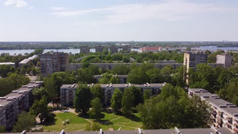 Old-apartment-buildings-with-green-area-in-Kengarags,-Ryga,-aerial-view