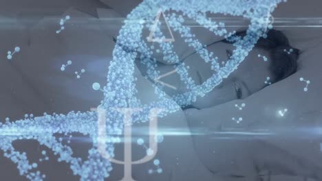 Animation-of-mathematical-symbols-and-dna-helix,-nucleotides-over-caucasian-woman-lying-on-bed