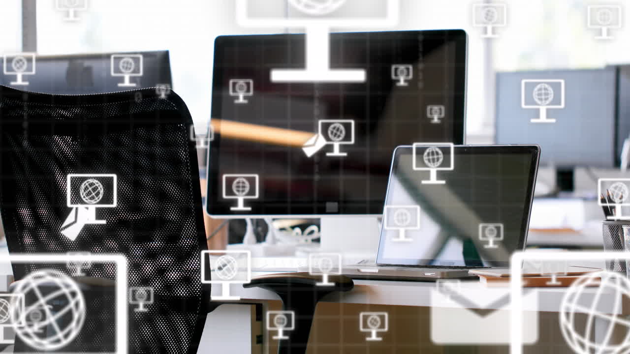 사무실에서 전자 장치를 통해 아이콘의 애니메이션과 데이터 처리가