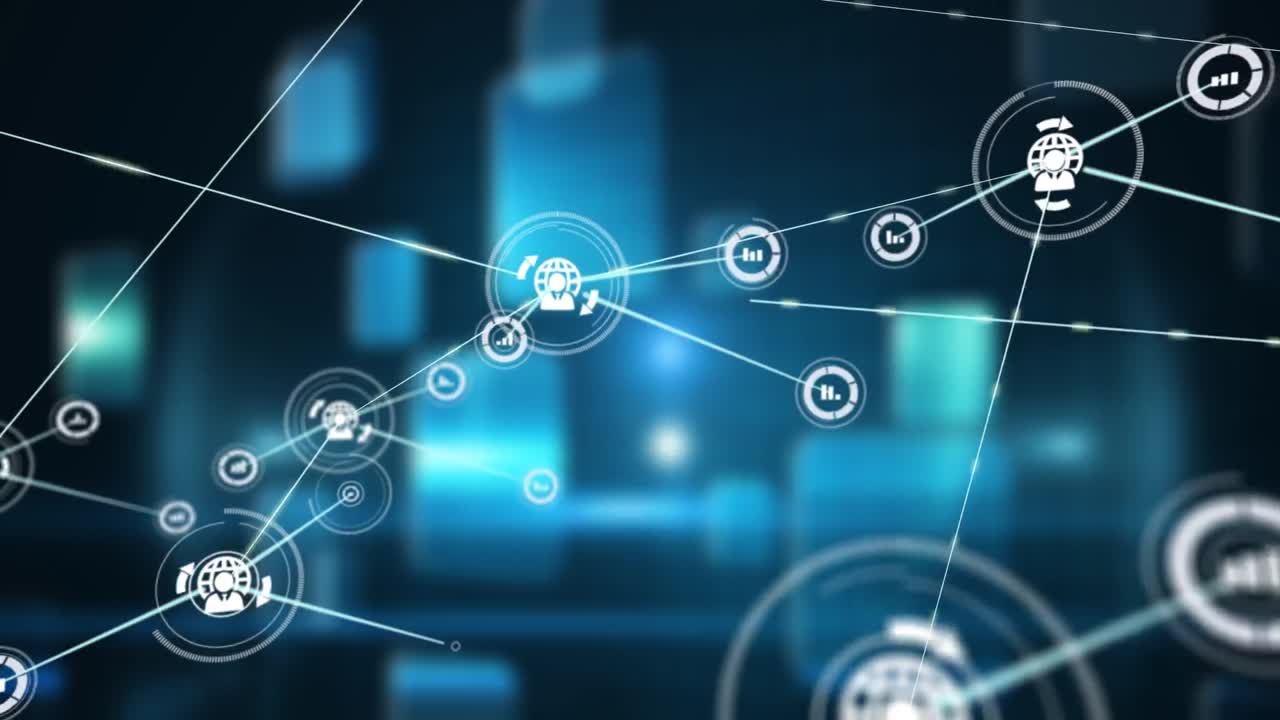 Animation of network of connections with icons over shapes on black background