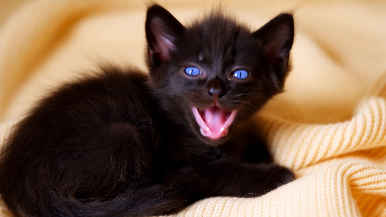 Black Kitten With Bright Blue Eyes Nestled On Yellow Blanket, Yawning And Curling Into Nap, Soft Fur Closeup