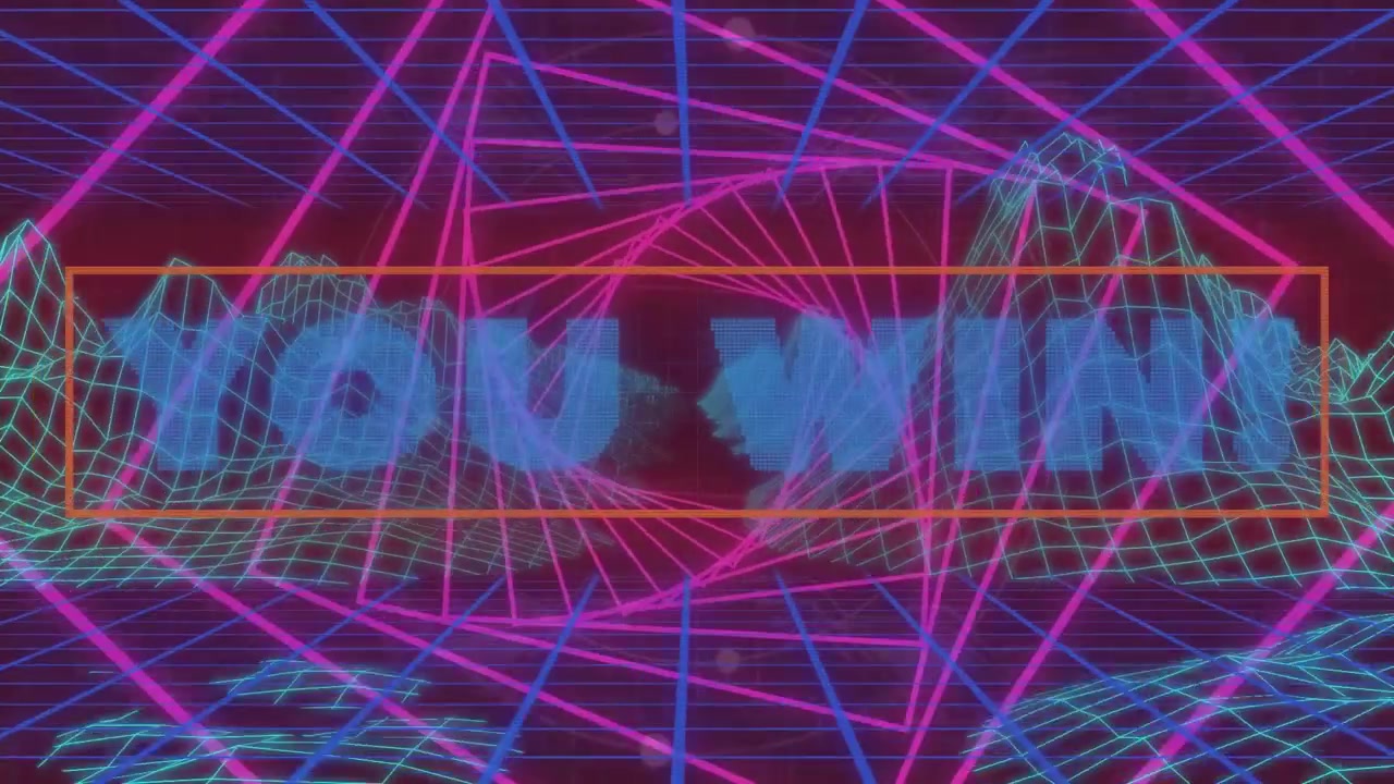 Animazione della scritta "Hai vinto" su una griglia del metaverso.