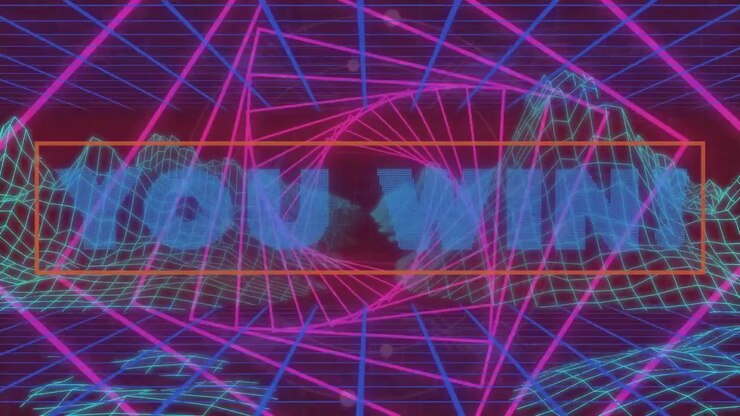 Animazione della scritta "Hai vinto" su una griglia del metaverso.