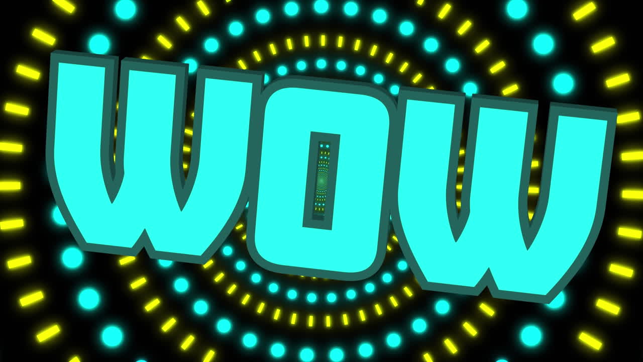 검은색 배경의 움직이는 모양 위에 와우 텍스트의 애니메이션