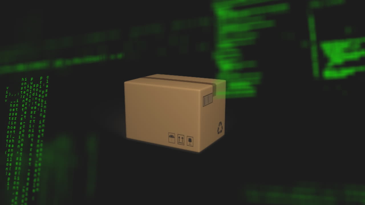 Animation af faldende papkasse over computersprog på sort baggrund