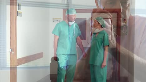 animation of senior man over doctors wearing protective face masks in a hospital. covid 19 spreading