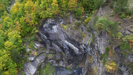 Cascada-En-La-Ladera-Rocosa-Excavada-De-La-Montaña-Alpina-Rodeada-De-Bosque-Dorado-En-Otoño