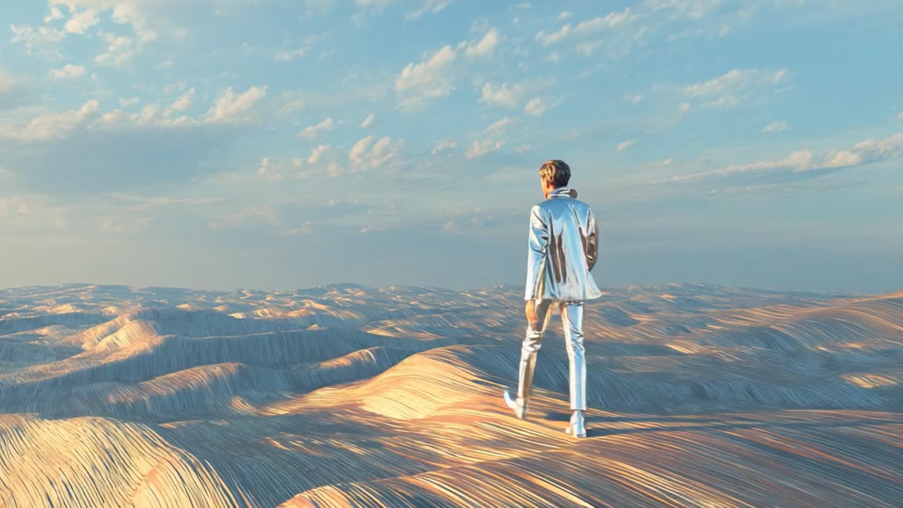 A lone figure in a futuristic desert landscape