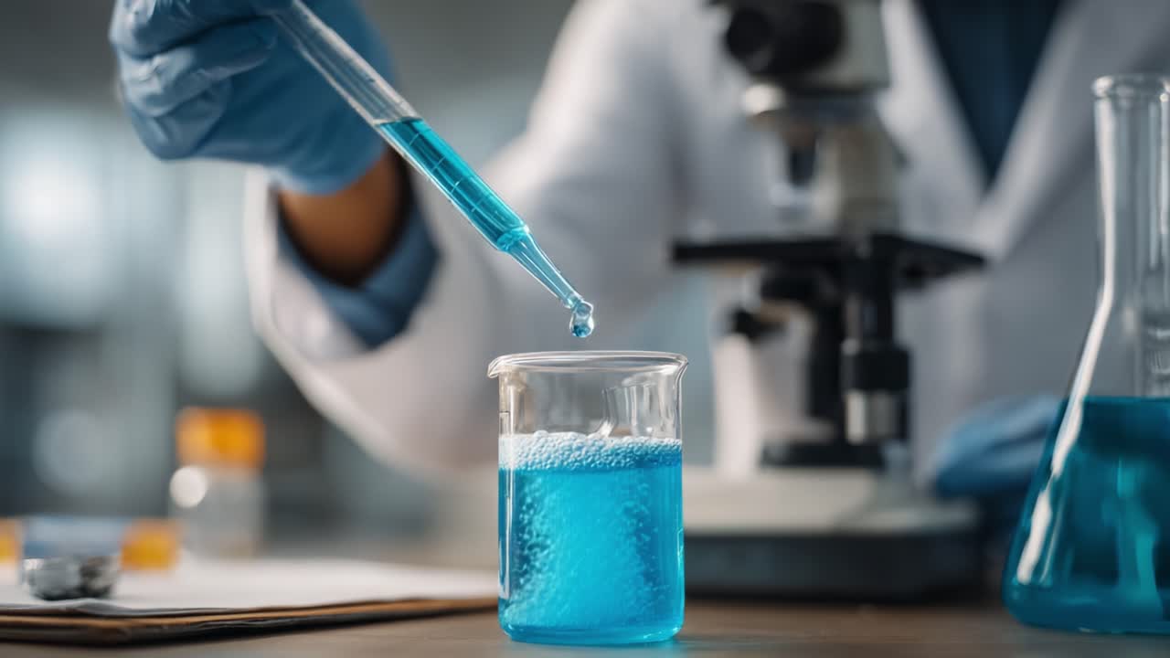 Laboratory Experiment: A Scientist Analyzing Viscous Blue Solution Using a Pipette and Microscope, Showcasing Precision in Chemical Research and Analysis