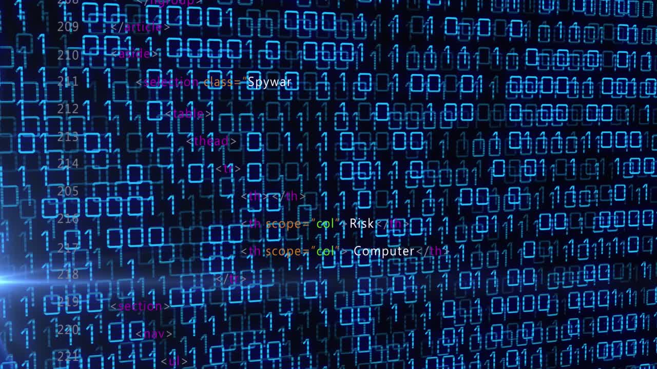 Animation of binary coding and data processing over screen