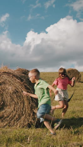 la niña tira del perro juguetón en la correa mientras su hermano corre alrededor de la bala de heno en tierras de cultivo abiertas, las orejas del perro se mueven a través del campo, llenas de energía y emoción bajo un cielo brillante