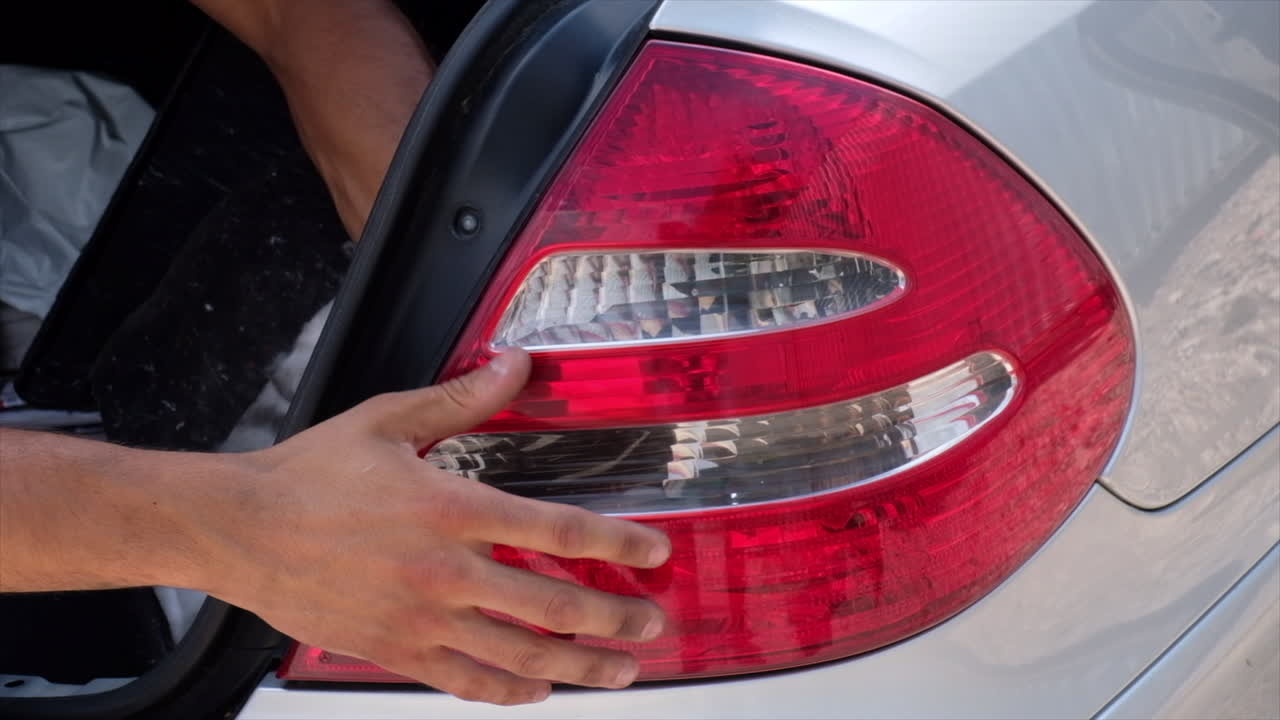 Close up of a man installing the headlight of a car back in it's place