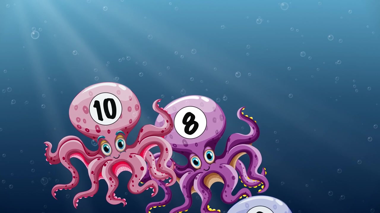 Personaggi di polpo colorati e numerati galleggiano e affondano attraverso acqua blu profonda con raggi di luce
