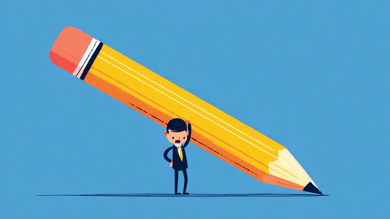 A Cute Animated Character in Formal Attire Contemplating Next Steps While Standing Beneath an Oversized Pencil, Representing Creativity, Ideas, and Imagination