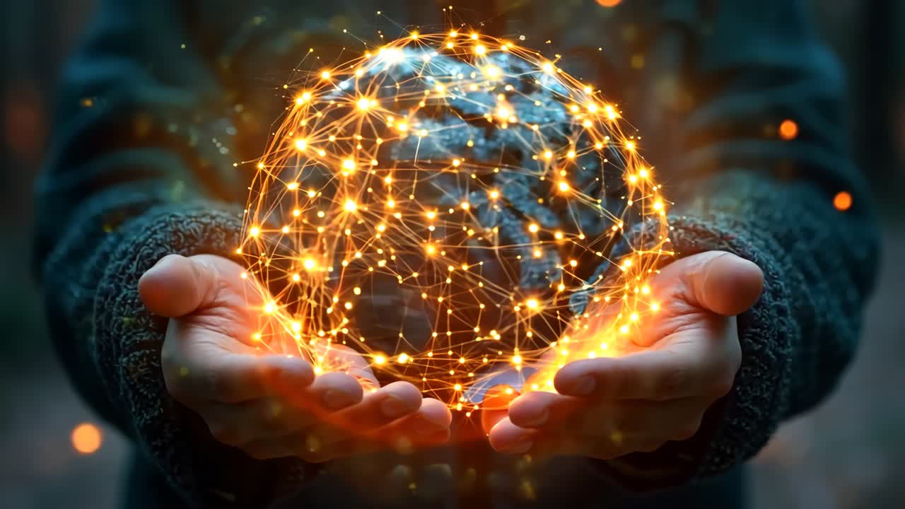 A person holding a glowing globe in their hands