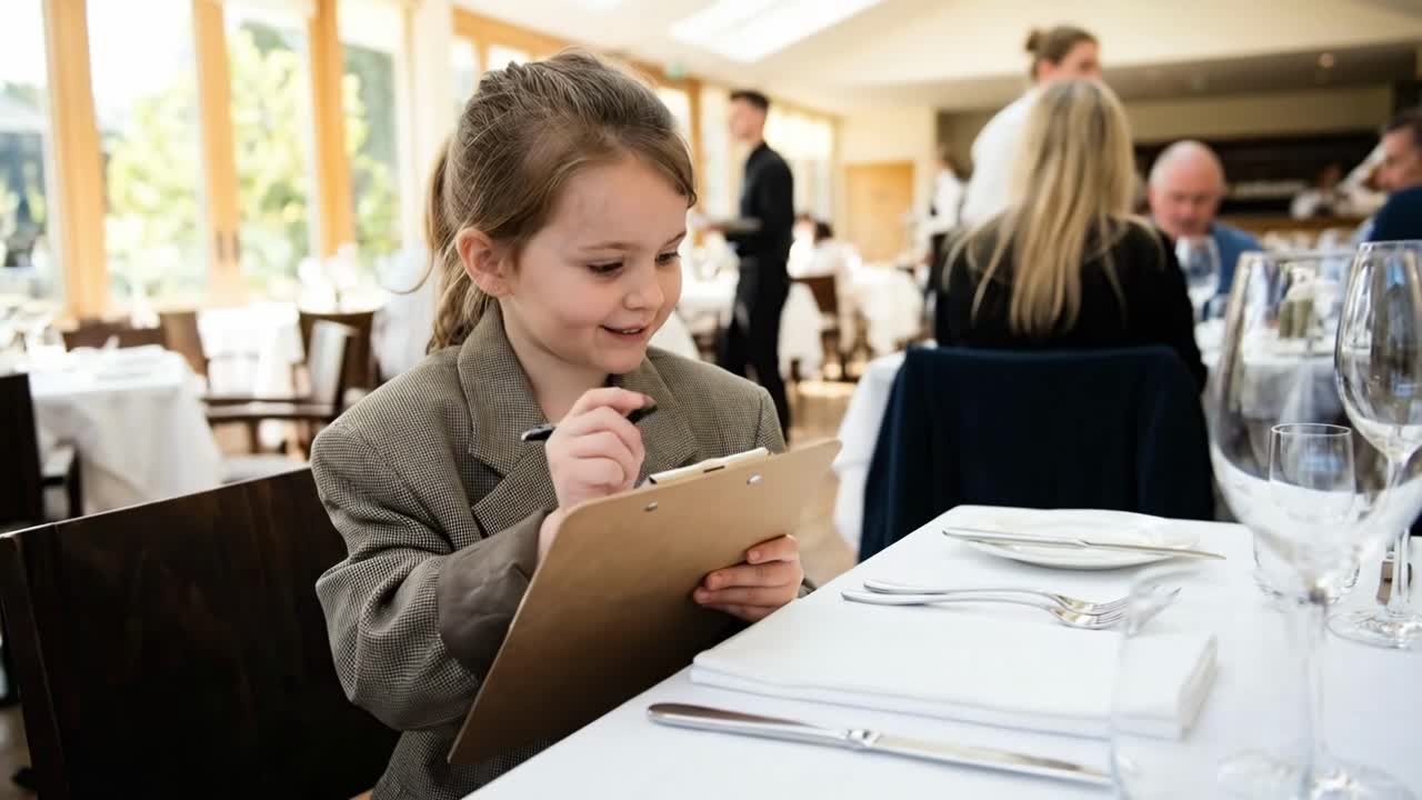 Lille pige i oversized jakkesæt leger, at hun arbejder i en restaurant