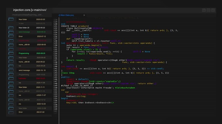 Frammenti di codice C++ ed Esplora file.