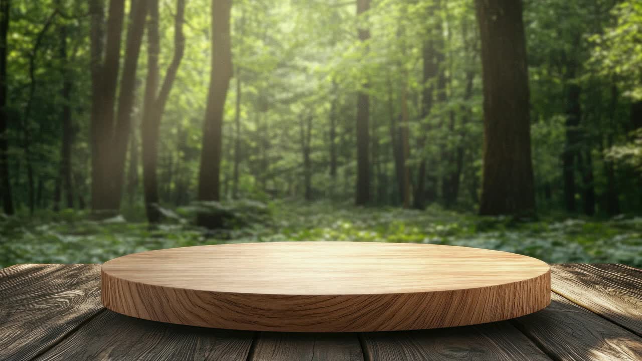 A wooden platform in a forest setting, captured from a low-angle