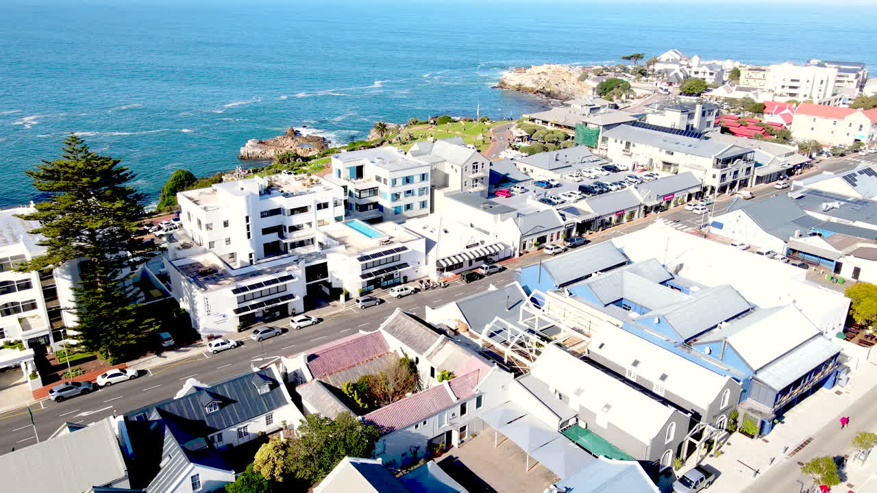 Aerial view over Hermanus CBD reveals scenic seaside town on Cape Whale Coast