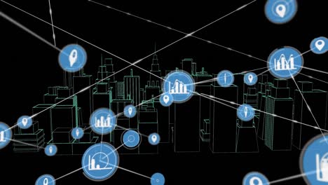animación de redes de conexiones con iconos sobre el dibujo de la ciudad 3d girando sobre fondo negro