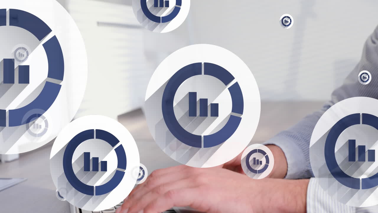 Animation of graph icon in circles over caucasian man closing laptop after completing work